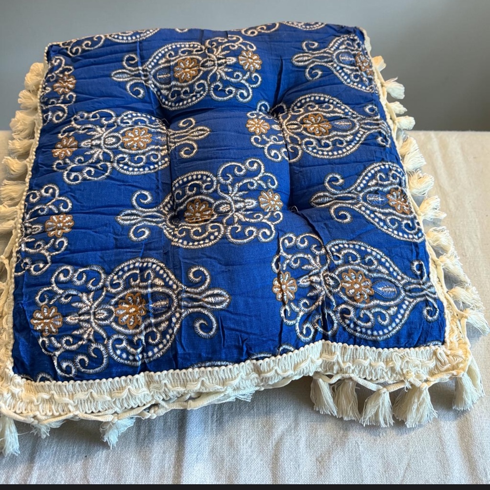 Blue Floor Cushion with Tassel Trim